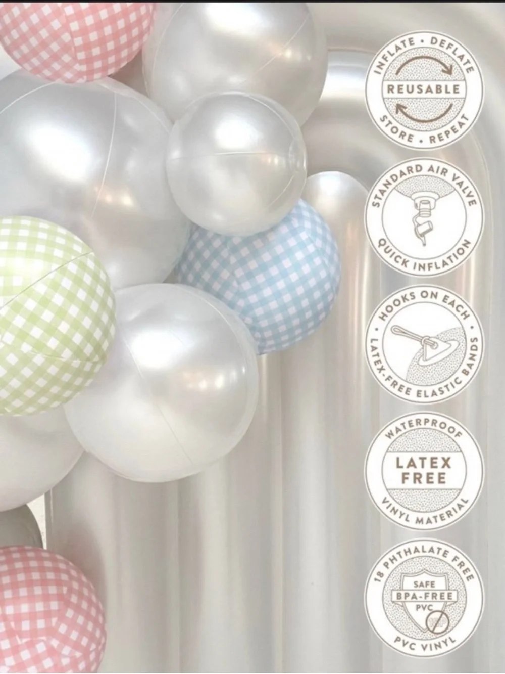New MINNIDIP Gingham Patchwork Balloon Garland Accents Pastel Blue, Pink, Green
